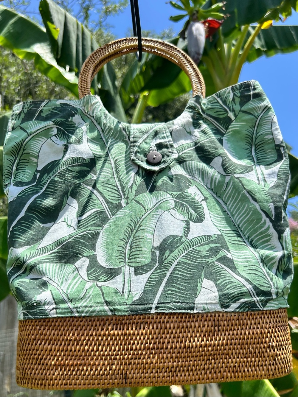 EMILY TOTE IN PALM LEAF with Woven Rattan Base and Handles POPPY + SAGE